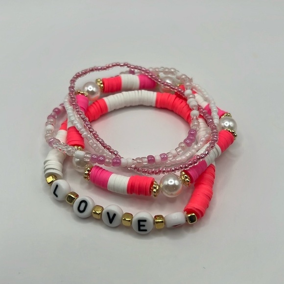 LOVE Letter Pink and Faux Pearl Valentine’s Bracelet Stack - Picture 1 of 4